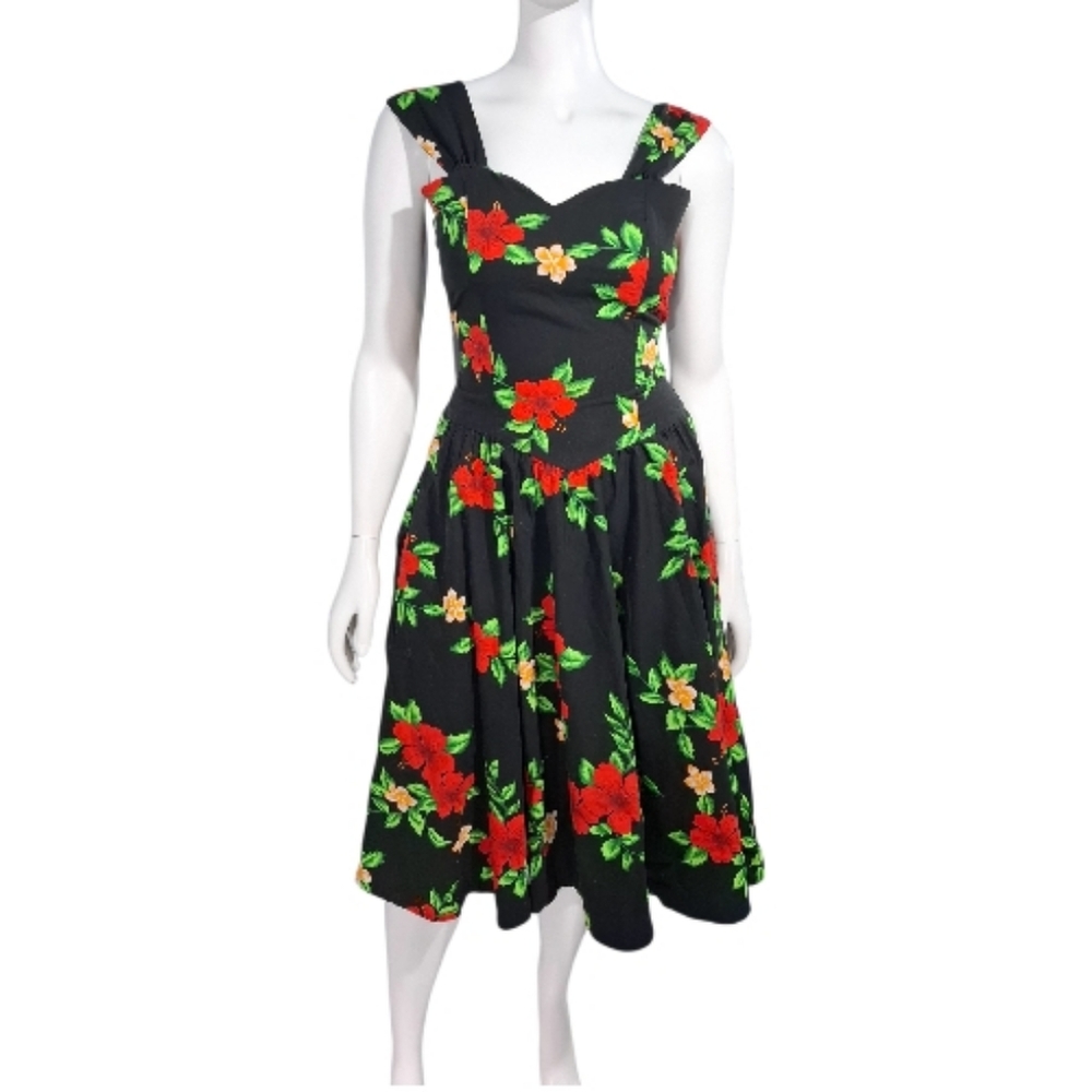 Vintage ROYAL CREATIONS Hawaii Black Hibiscus Floral Fit-Flare Pin Up DRESS XL
